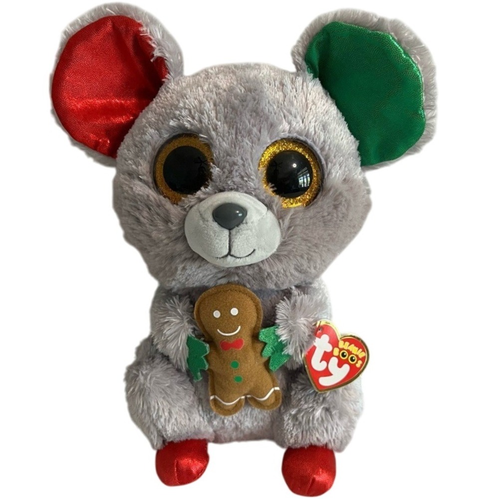 Ty Beanie Boos Mac The Gray Holiday Mouse Gingerbread Plush 10" Glitter 2016 New